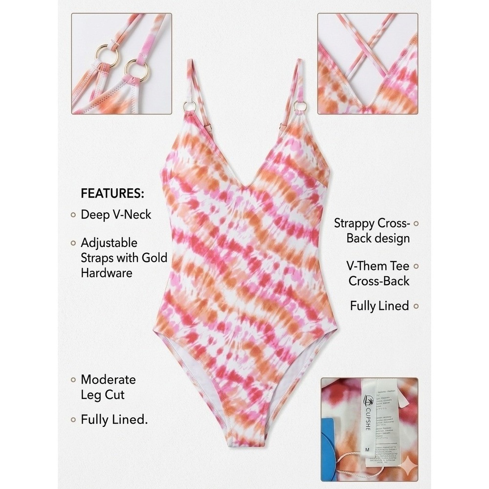 Cupshe Swimsuit Women Medium Pink Tie Dye Strappy V-Neck